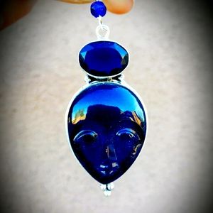 New Carved Goddess Face Silver Sapphire Pendant.